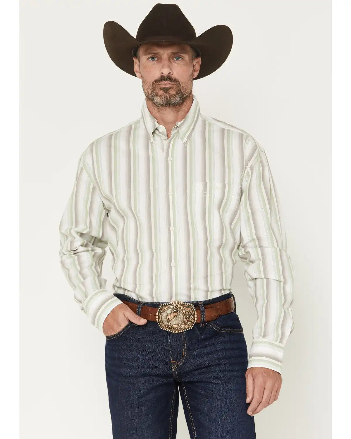 George Strait by Wrangler Men's Striped Long Sleeve Button-Down Stretch Western Shirt
