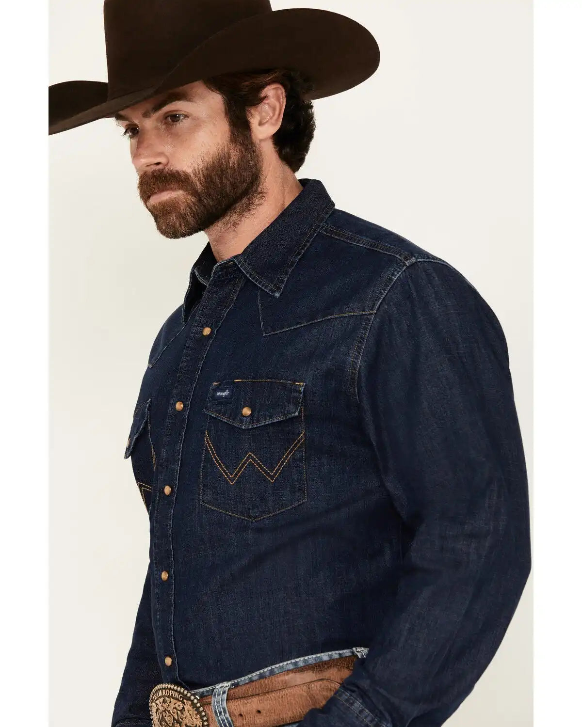 Wrangler Men's Medium Wash Denim Long Sleeve Snap Western Shirt
