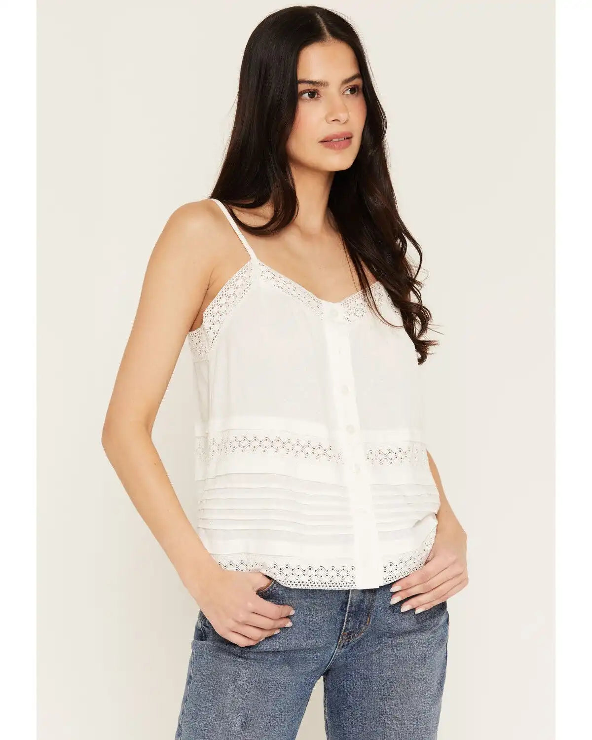Shyanne Women's Lace Trim Pin Tuck Button-Front Cami