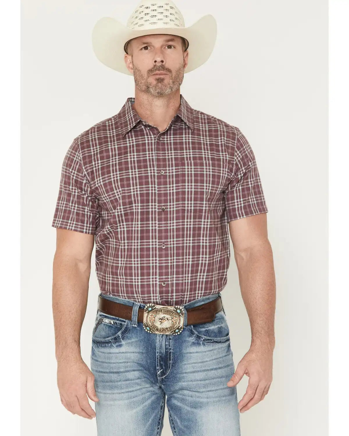 Cody James Men's Cowboy Brew Plaid Print Short Sleeve Button-Down Stretch Western Shirt