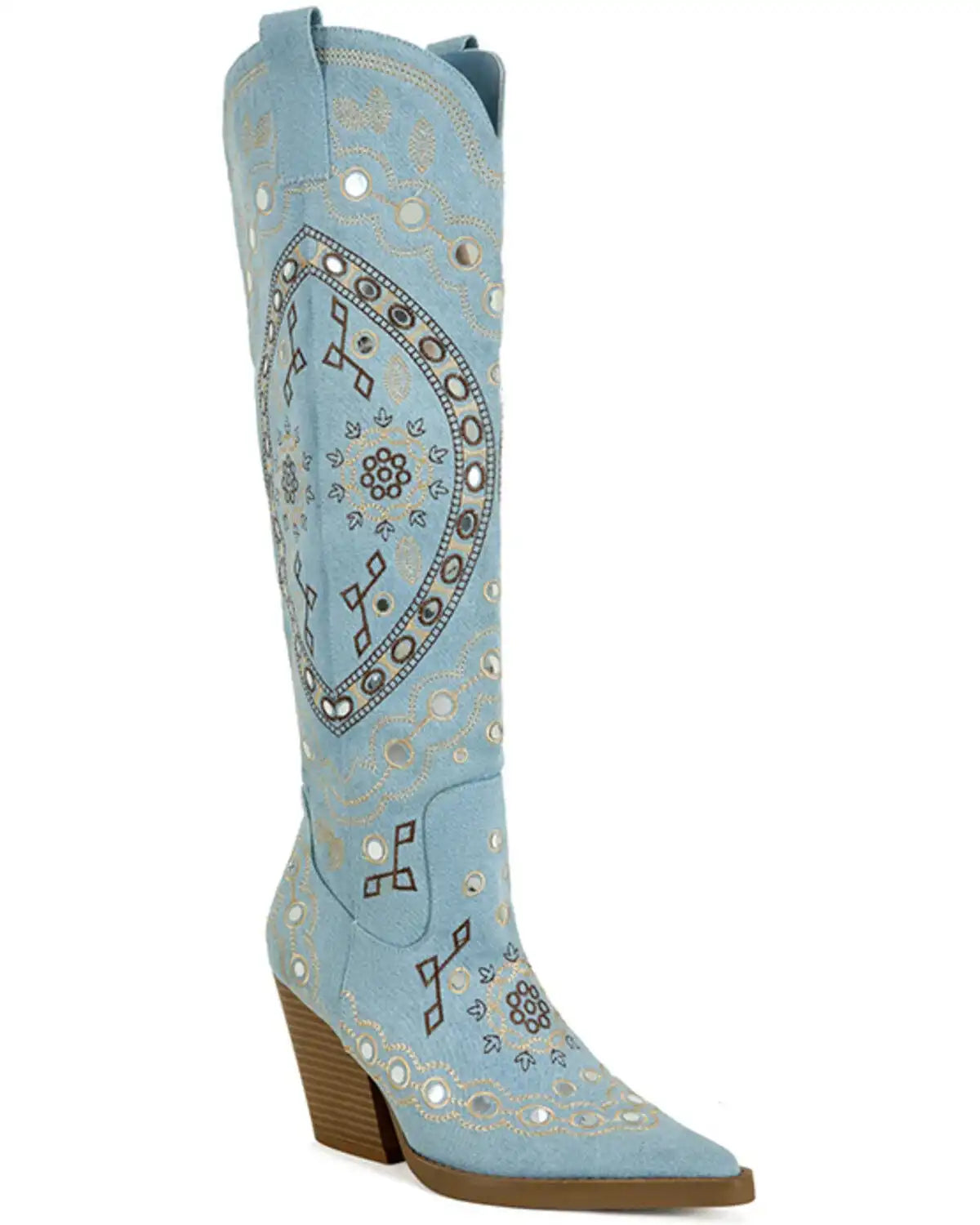 Azalea Wang Women's Aamina Embellished Denim Tall Western Boots - Round Toe