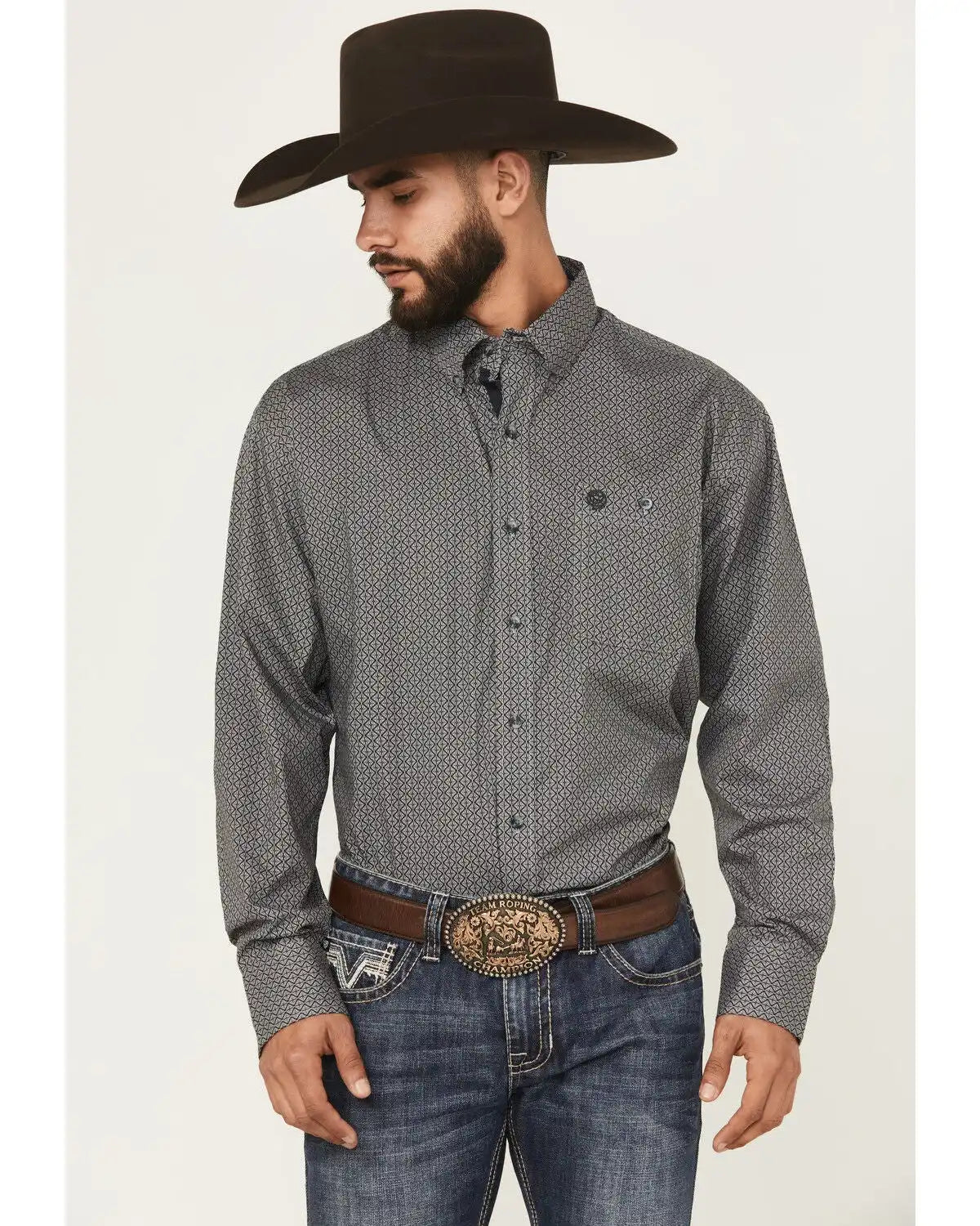 Wrangler Men's Micro Geo Print Long Sleeve Button-Down Western Shirt