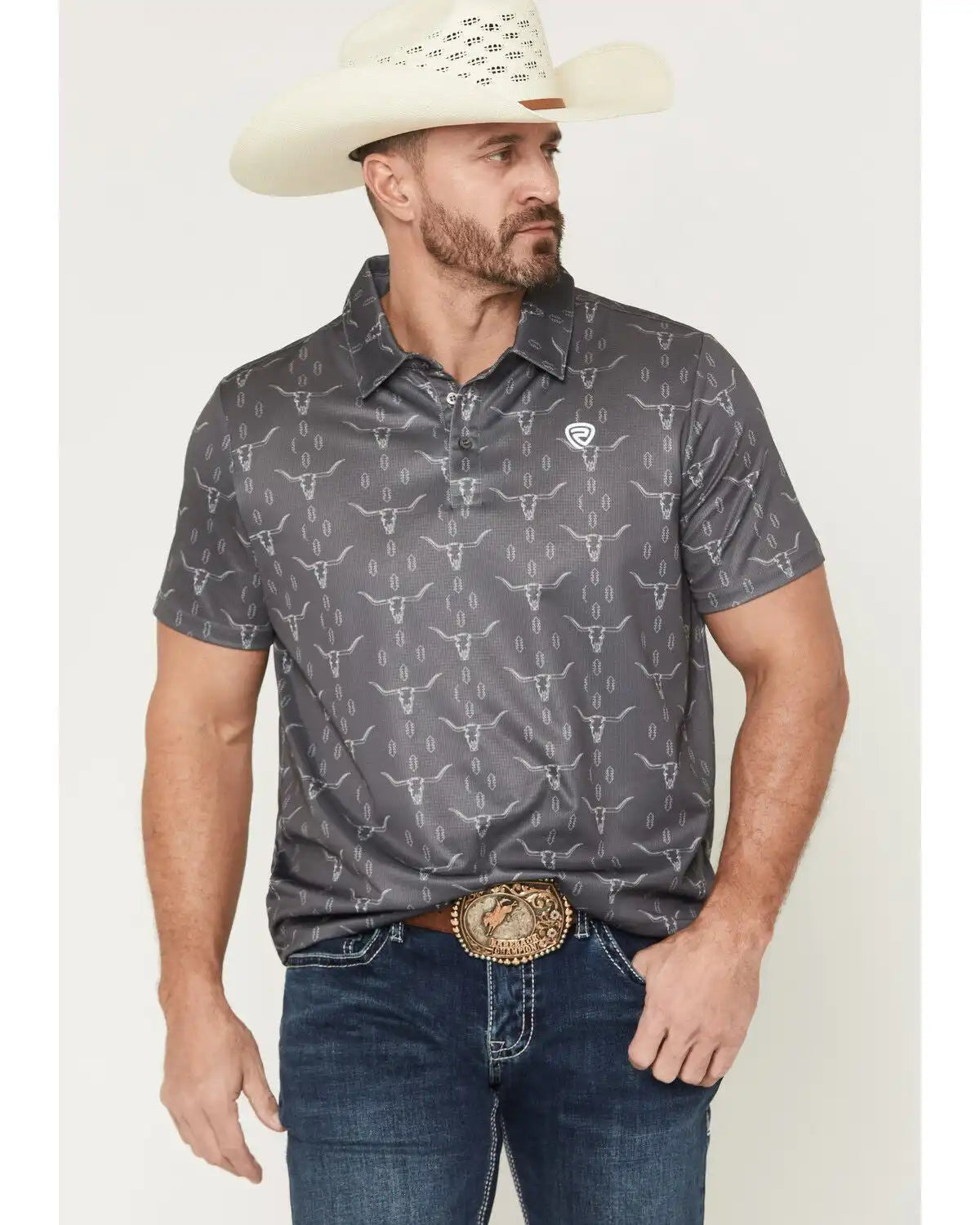 Rock & Roll Denim Men's Steer Skull Print Short Sleeve Button-Down Stretch Polo
