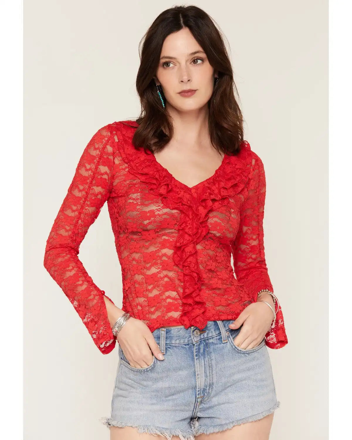 Ash & Violet Women's Ruffle Front Lace Top