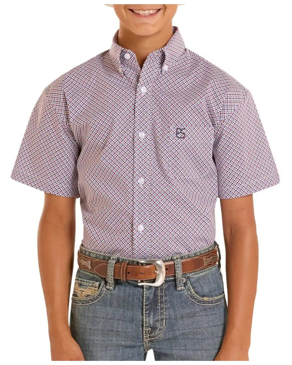 Panhandle Slim Boy's Geo Print Short Sleeve Button-Down Stretch Western Shirt