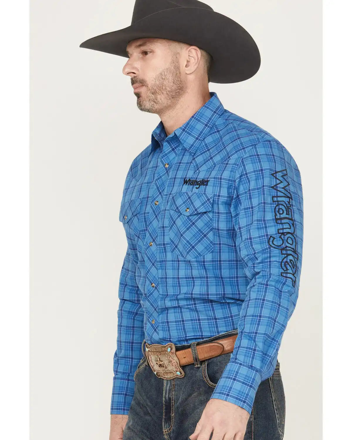 Wrangler Men's Plaid Print Logo Long Sleeve Snap Western Shirt