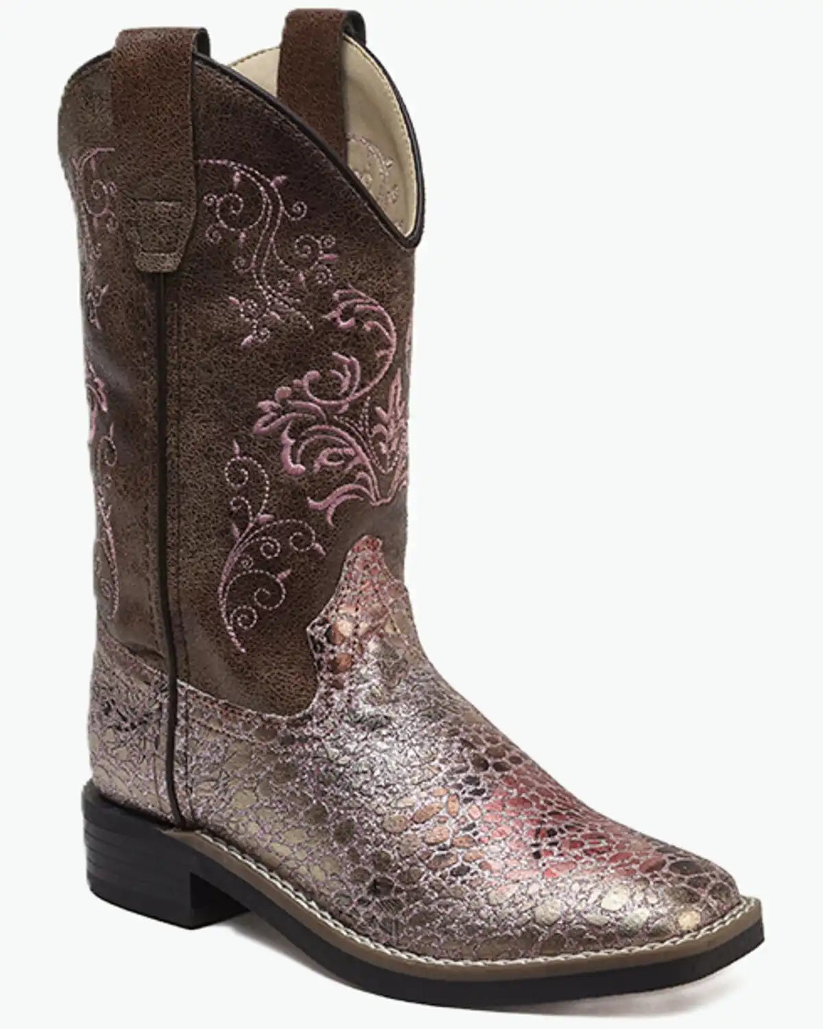 Old West Girls' Embroidered Metallic Western Boots - Broad Square Toe