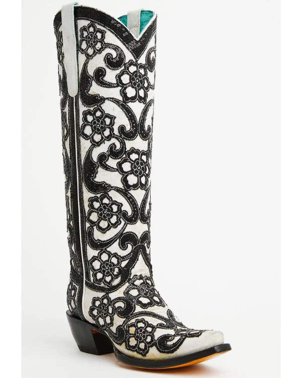 Corral Women's Floral Overlay Sequin Tall Western Boots - Snip Toe