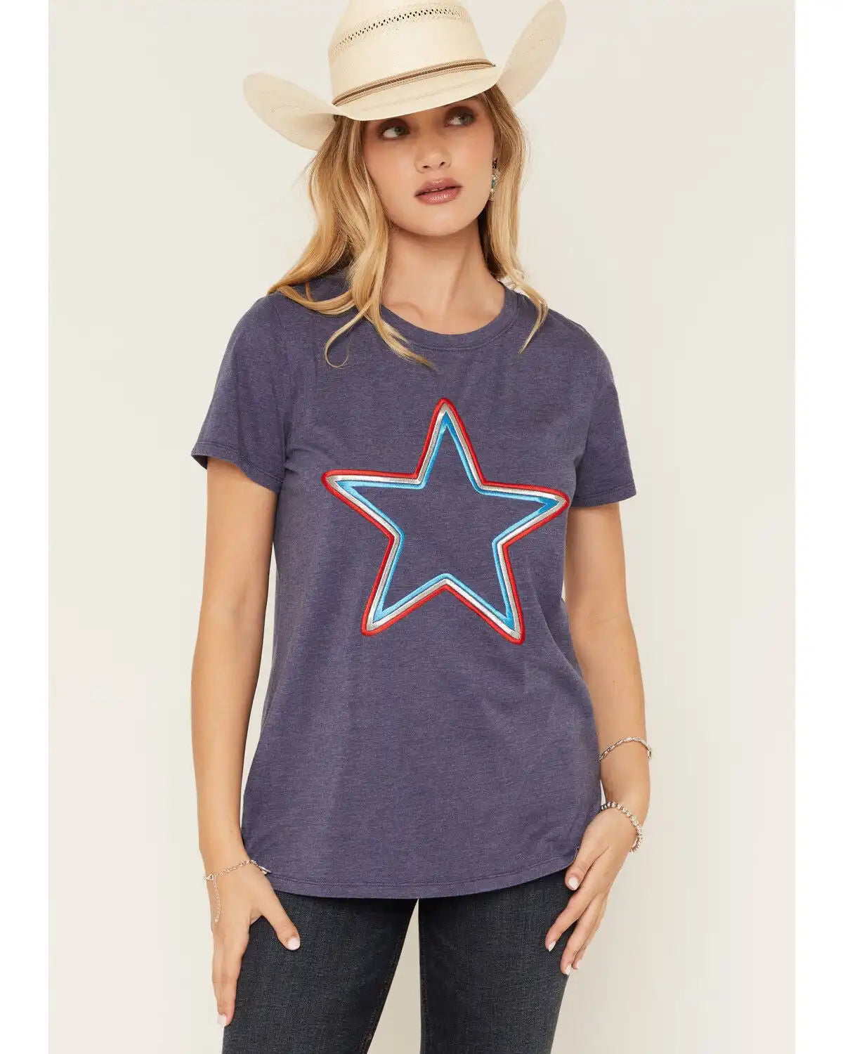 Blended Women's Star Embroidered Short Sleeve Tee
