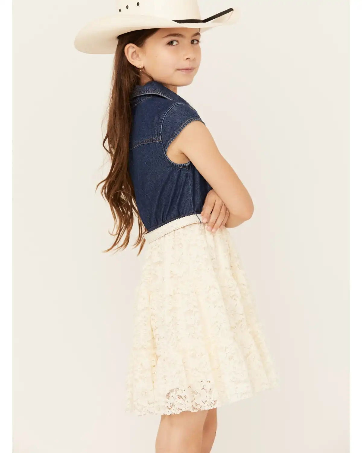 Shyanne Girls' Belted Denim Lace Mini Dress