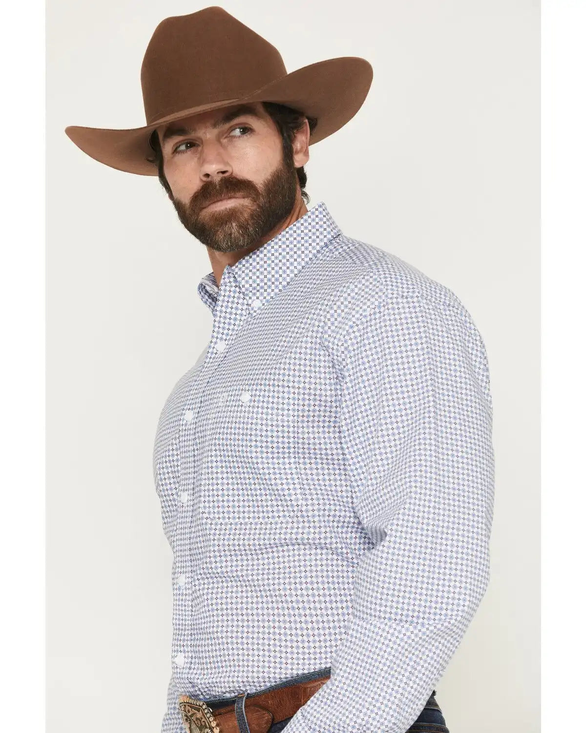 George Strait by Wrangler Men's Geo Print Long Sleeve Button-Down Stretch Western Shirt