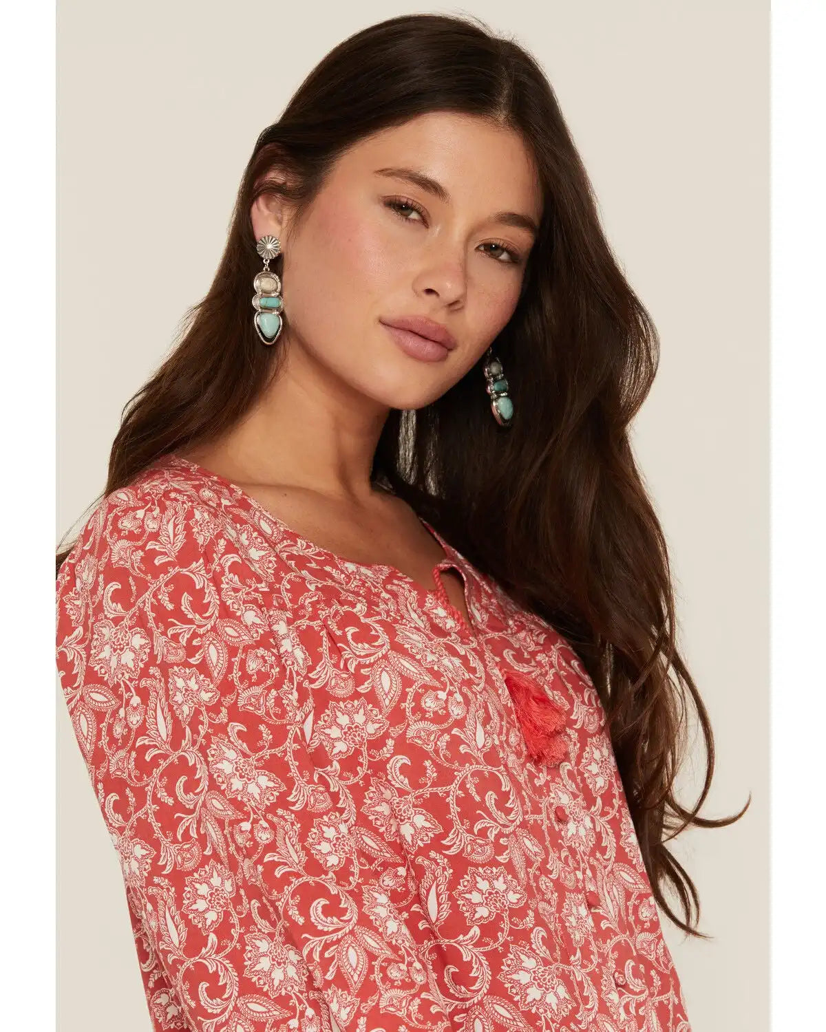 Panhandle Women's Floral Paisley Print Long Sleeve Peasant Top
