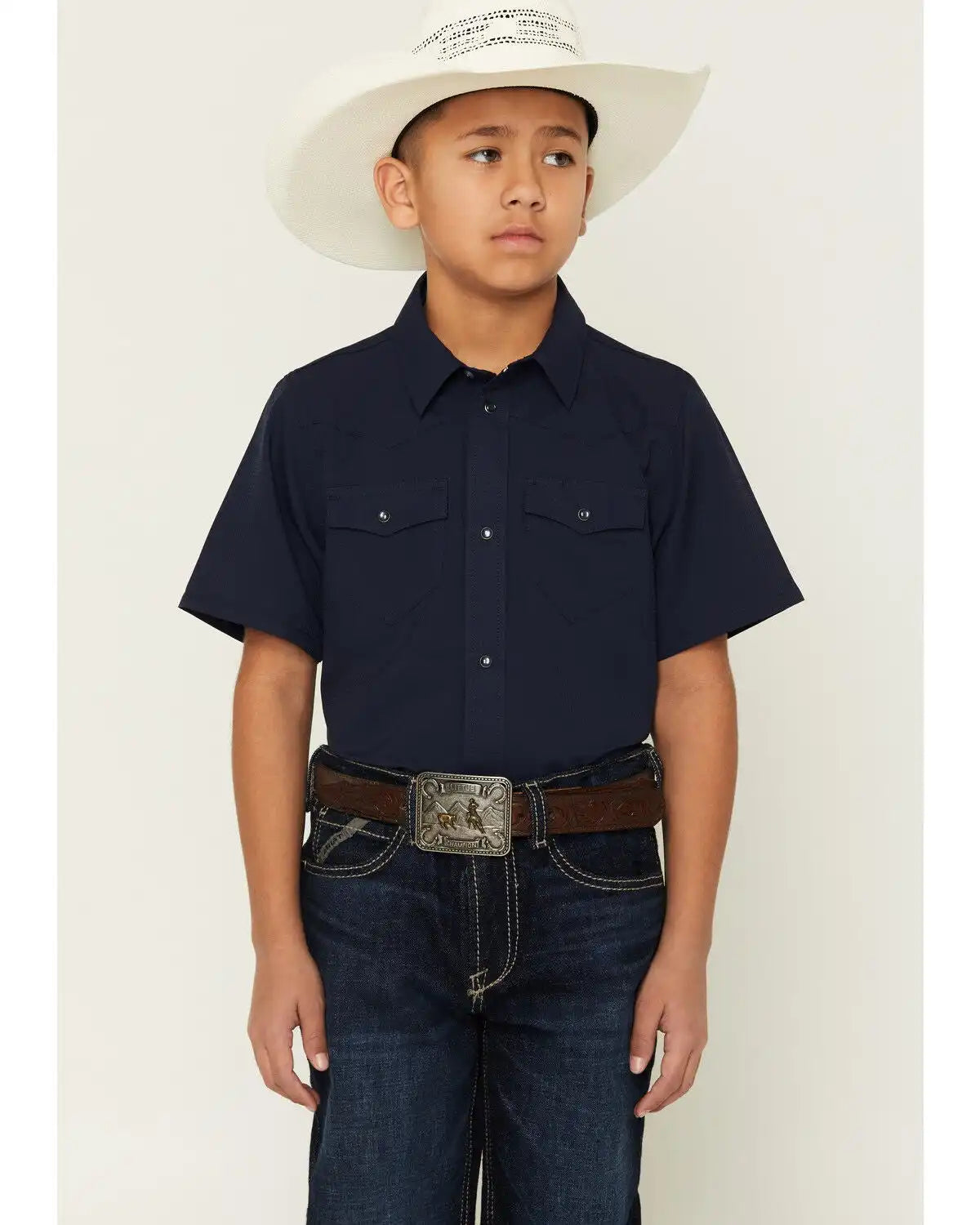 RANK 45® Boys' Ridge Solid Short Sleeve Pearl Snap Performance Western Shirt