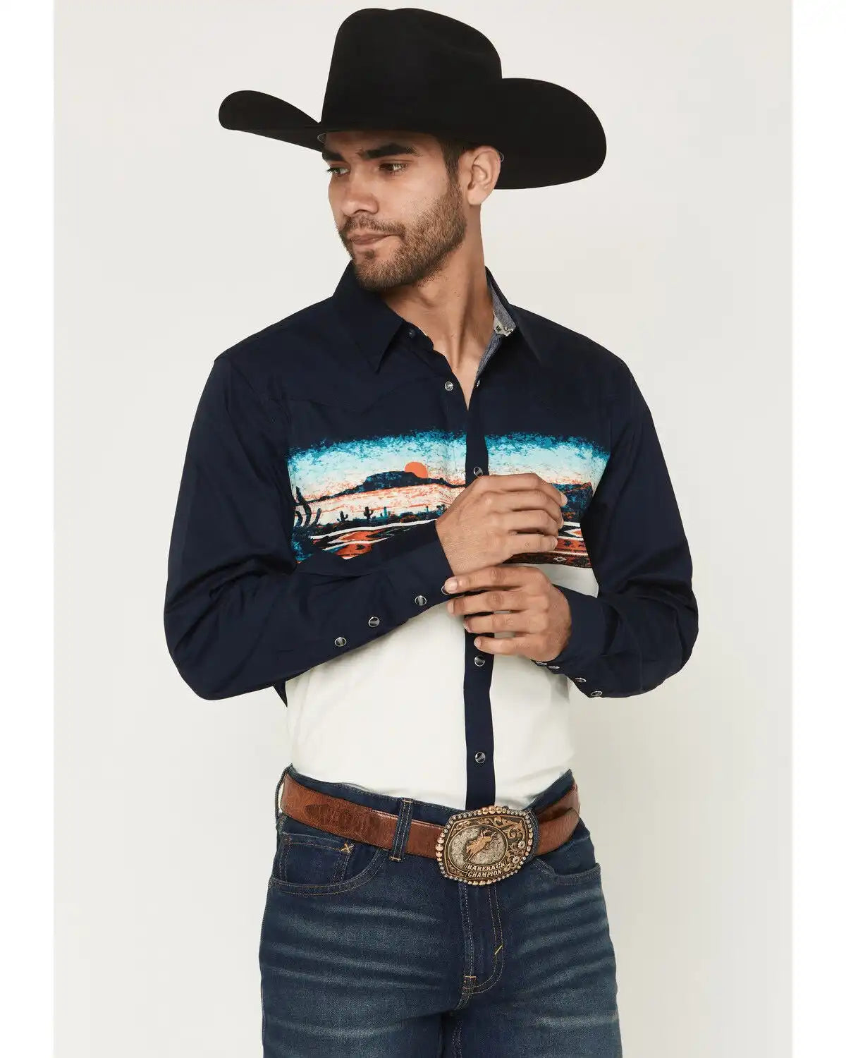 RANK 45® Men's Electric Desert Border Print Long Sleeve Snap Stretch Western Shirt