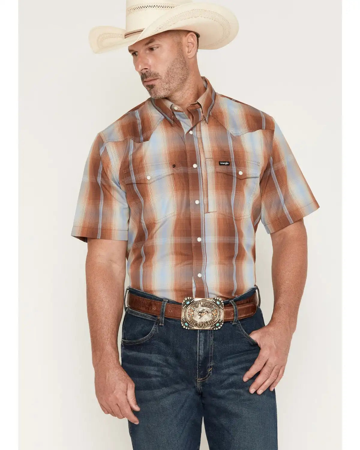 Wrangler ATG Men's Plaid Print Short Sleeve Snap Performance Western Shirt