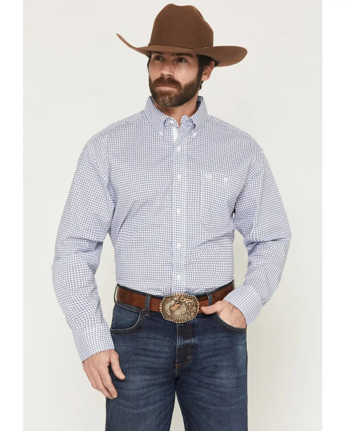 George Strait by Wrangler Men's Geo Print Long Sleeve Button-Down Stretch Western Shirt