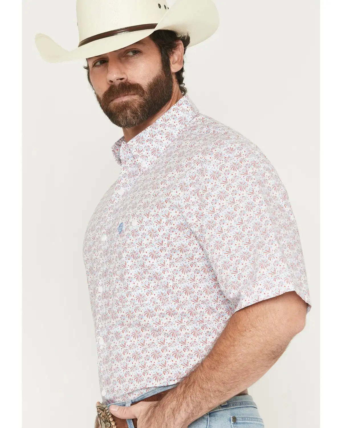 George Strait by Wrangler Men's Firework Print Short Sleeve Button-Down Stretch Western Shirt
