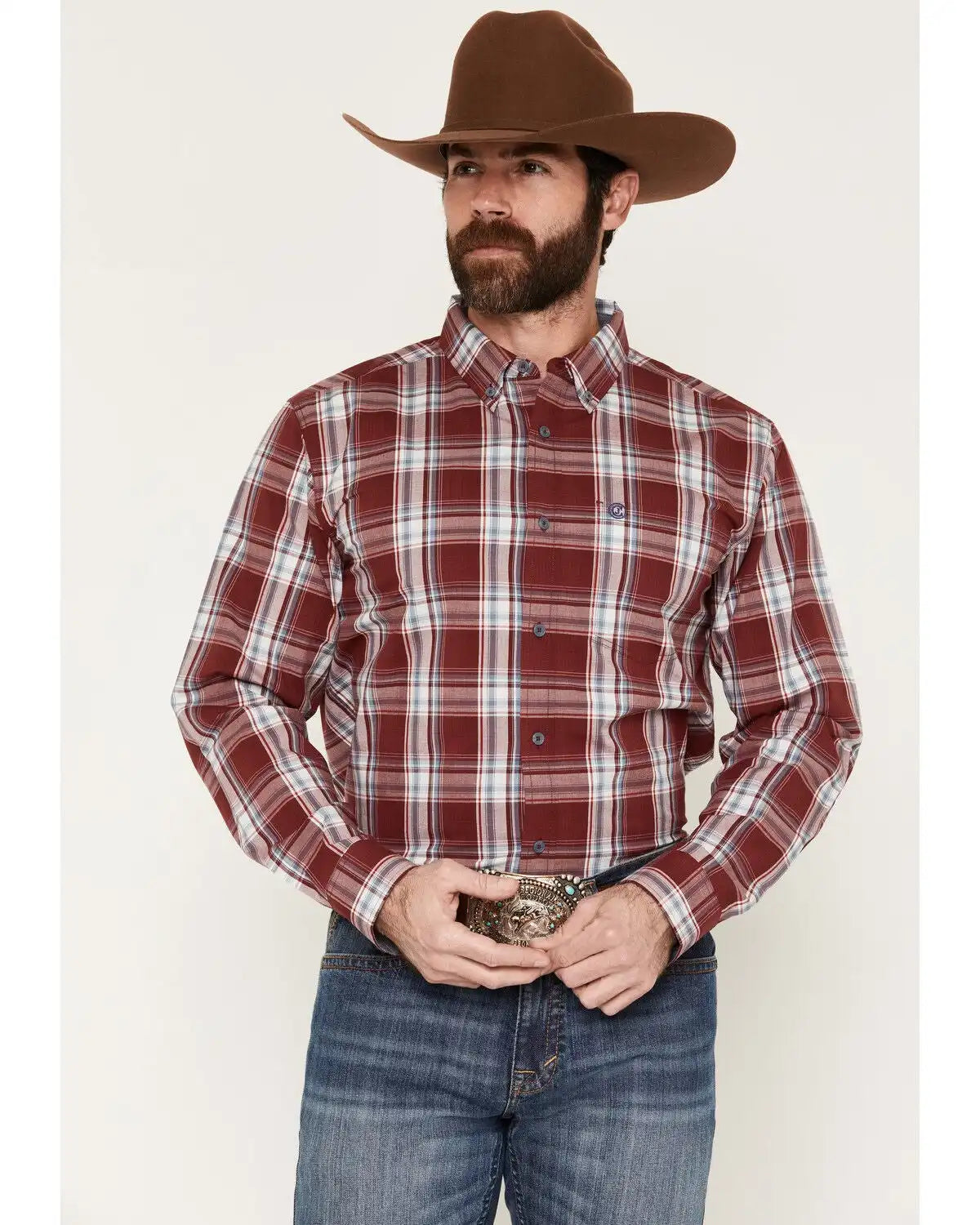 Cody James Men's Ruby Red Plaid Print Long Sleeve Button-Down Stretch Western Shirt