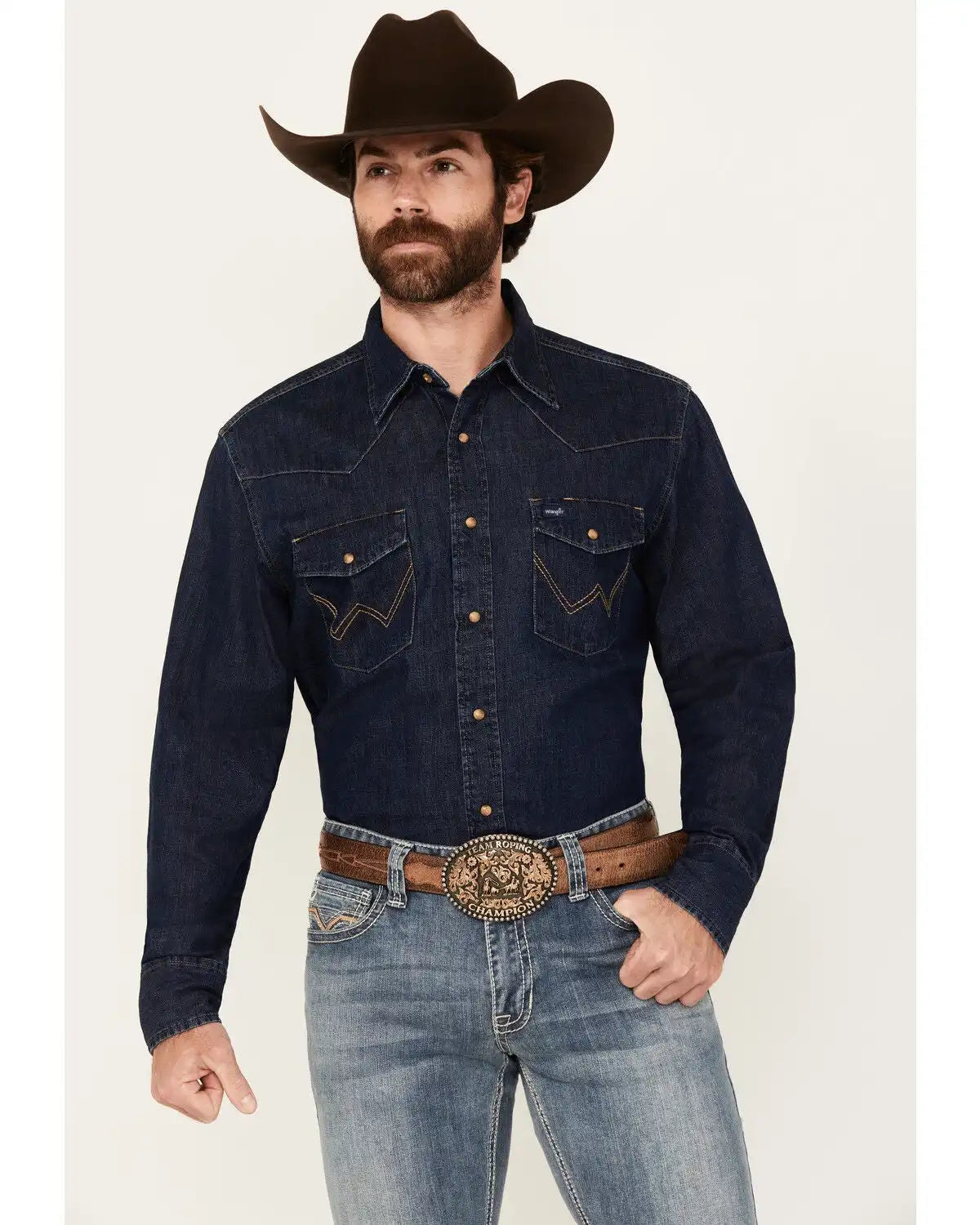 Wrangler Men's Medium Wash Denim Long Sleeve Snap Western Shirt