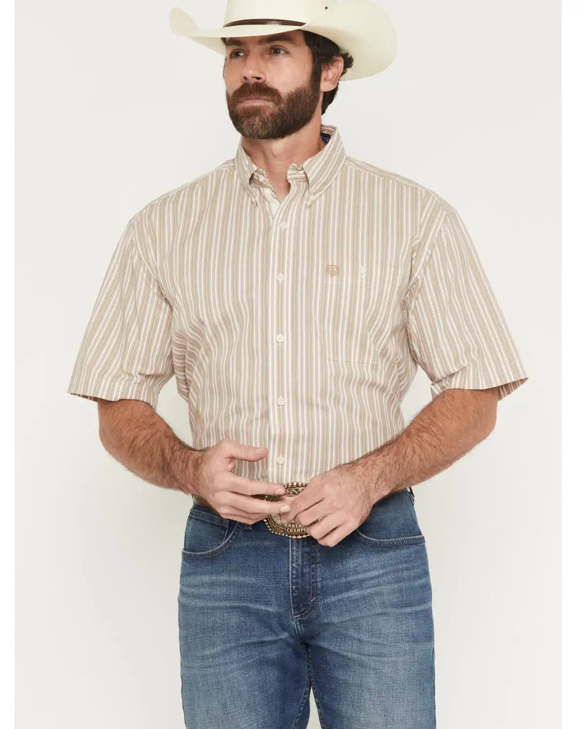 George Strait by Wrangler Men's Striped Short Sleeve Button-Down Stretch Western Shirt - Tall