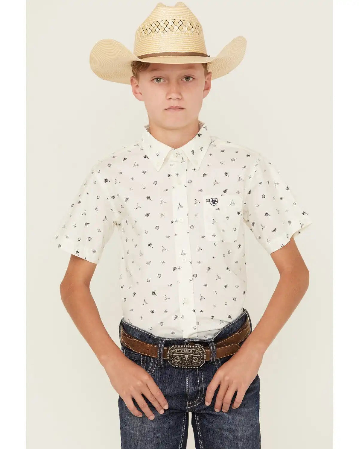 Ariat Boys' Conversation Print Short Sleeve Button-Down Western Shirt