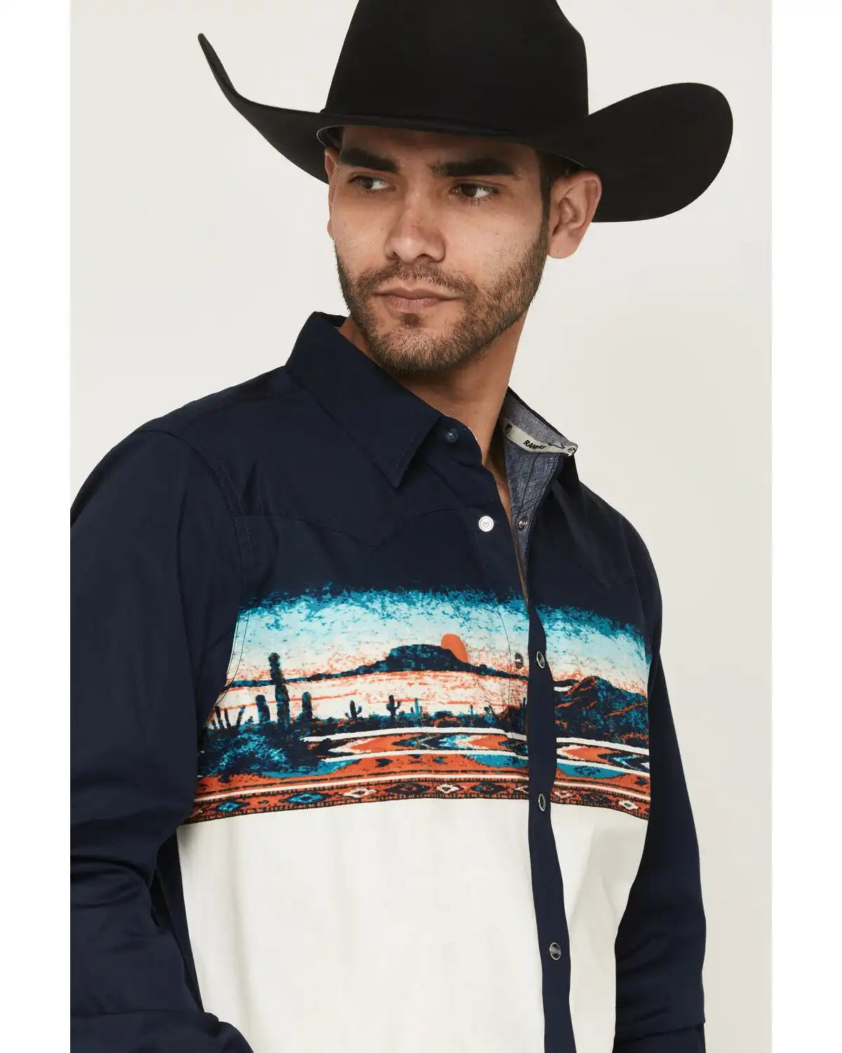 RANK 45® Men's Electric Desert Border Print Long Sleeve Snap Stretch Western Shirt