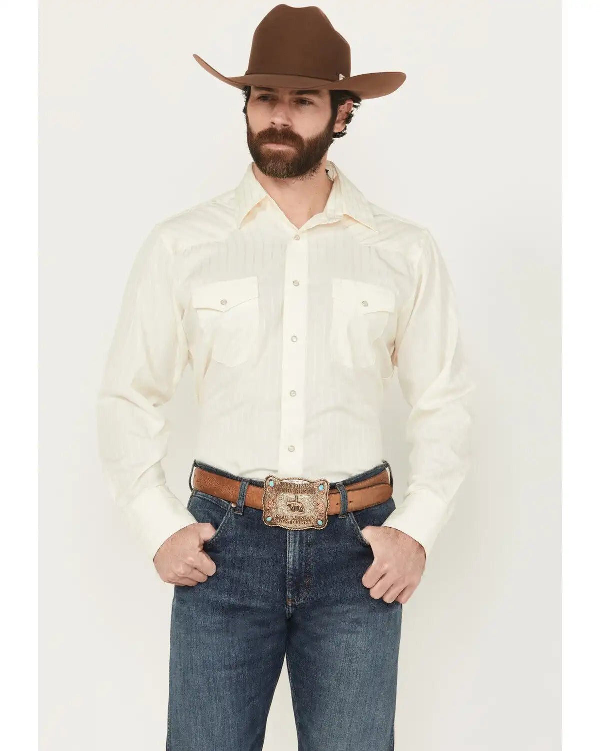 Wrangler Men's White Solid Dobby Long Sleeve Pearl Snap Western Shirt - Big & Tall
