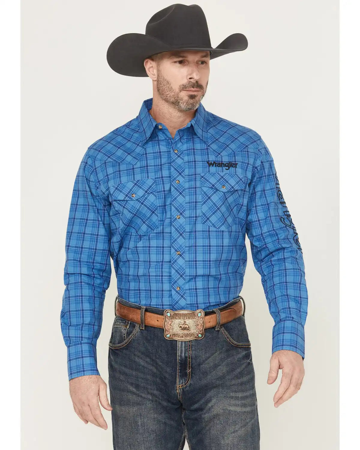 Wrangler Men's Plaid Print Logo Long Sleeve Snap Western Shirt