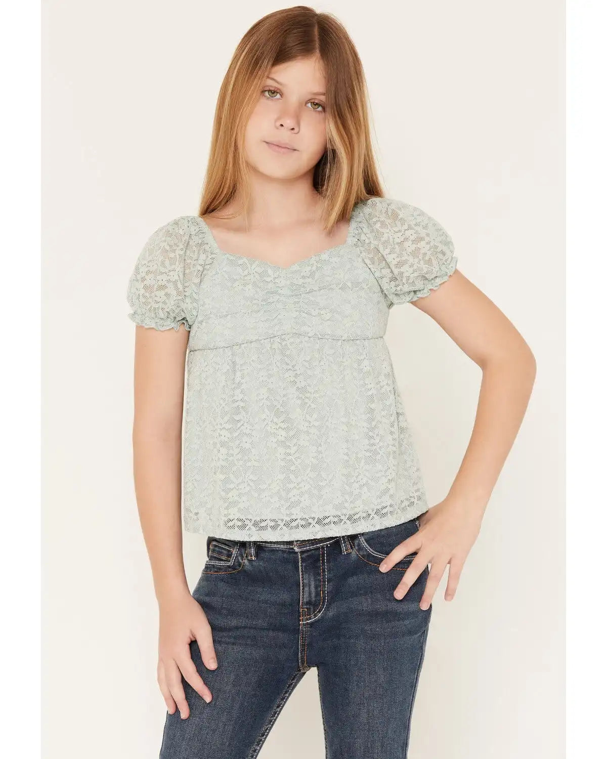 Sugar California Girls' Lace Short Puff Sleeve Shirt