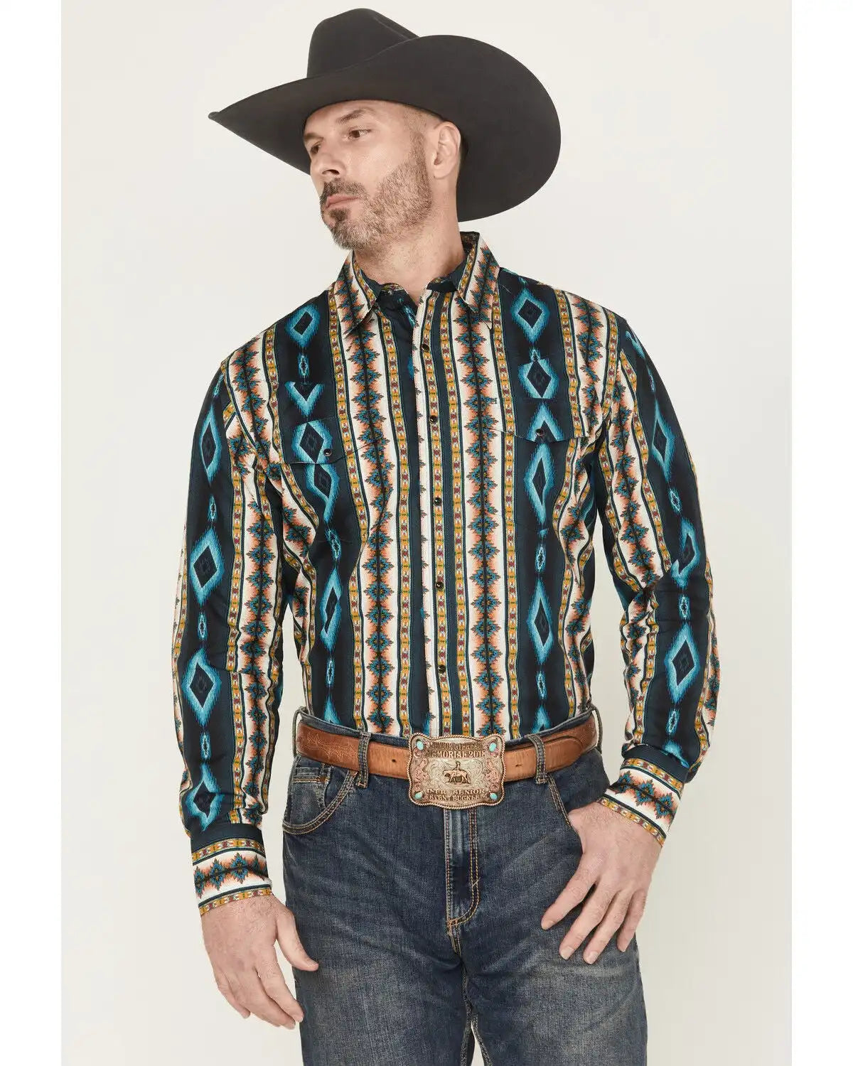 Wrangler Men's Checotah Southwestern Print Long Sleeve Snap Western Shirt