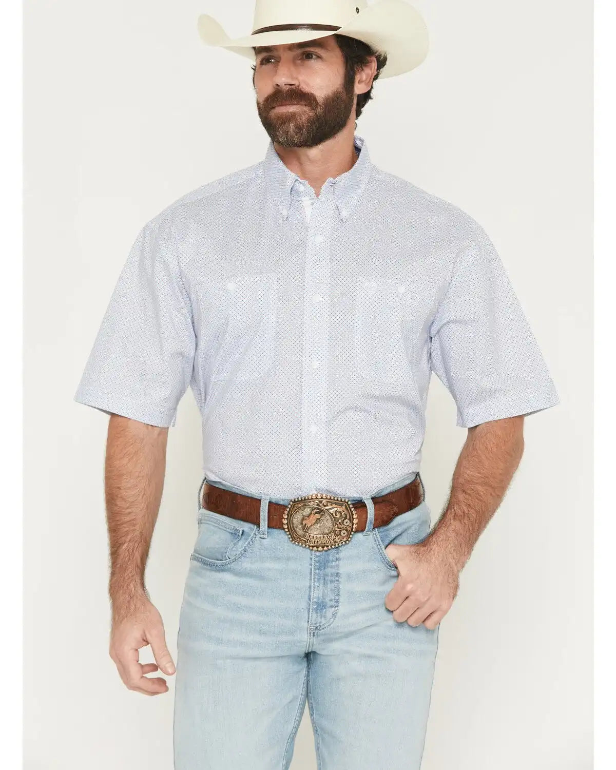 George Strait by Wrangler Men's Geo Print Short Sleeve Button-Down Stretch Western Shirt