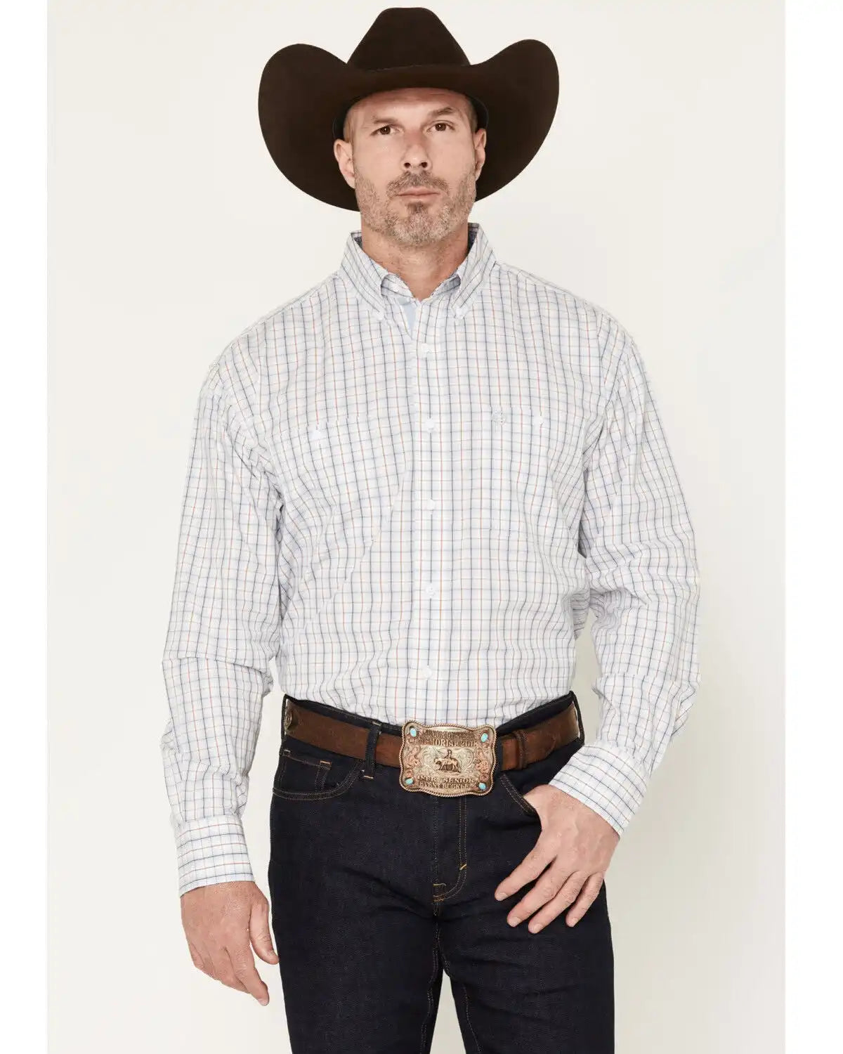 George Strait by Wrangler Men's Plaid Print Long Sleeve Button-Down Stretch Western Shirt - Tall