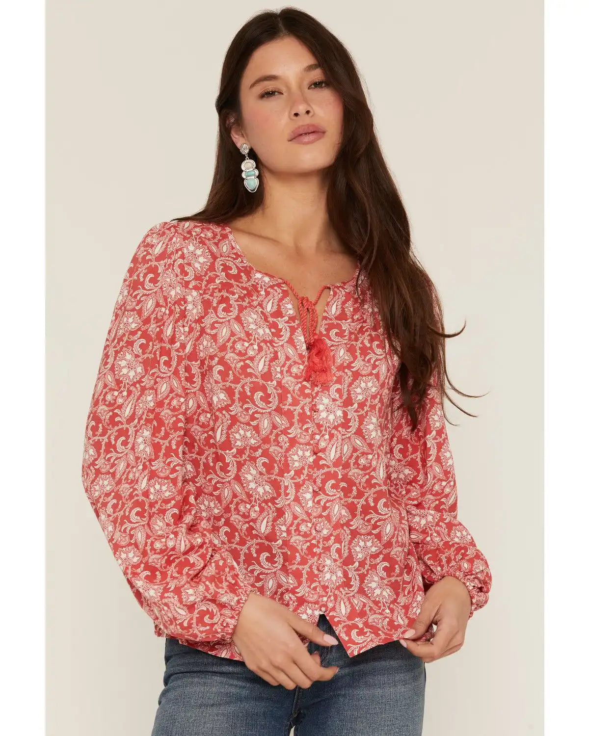 Panhandle Women's Floral Paisley Print Long Sleeve Peasant Top