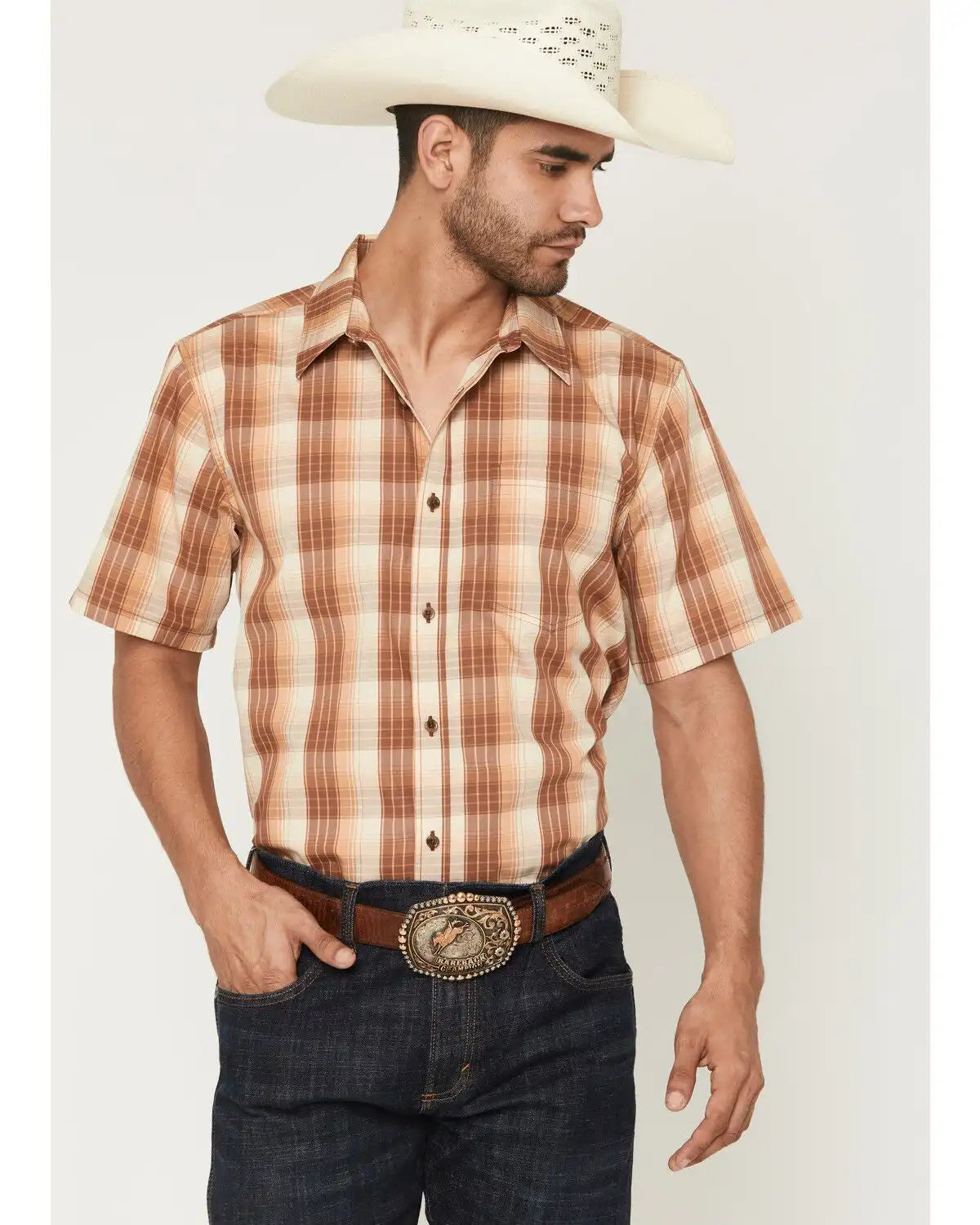 Gibson Trading Co Men's Bandit Blue Plaid Print Short Sleeve Button-Down Western Shirt
