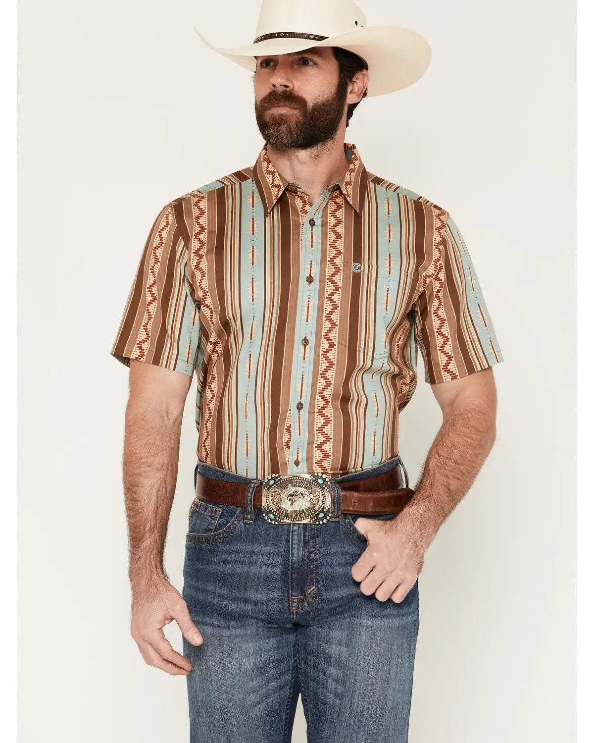 Cody James Men's Southwestern Stripe Print Short Sleeve Button-Down Stretch Western Shirt