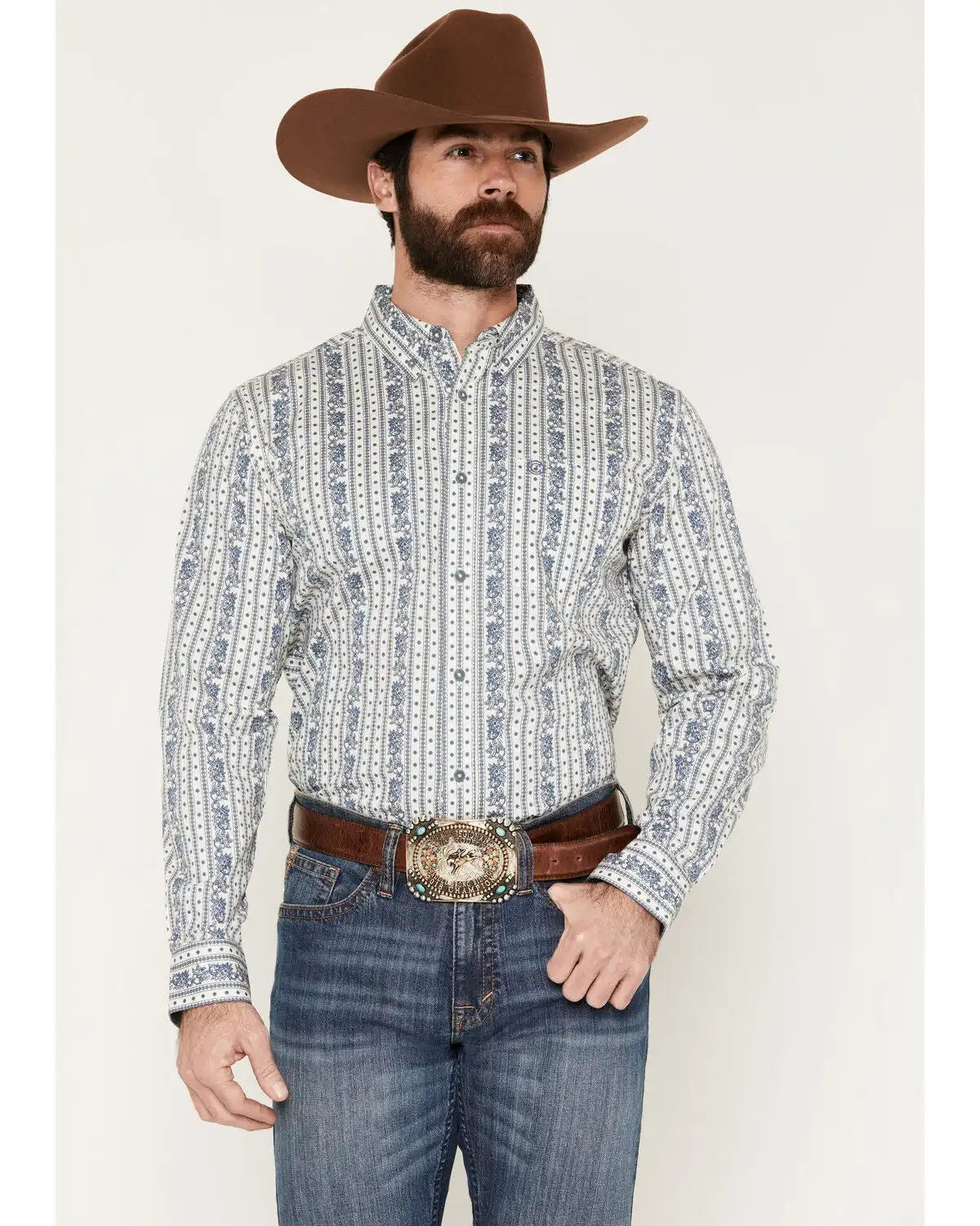 Cody James Men's Day Drinker Floral Stripe Print Long Sleeve Button-Down Stretch Western Shirt