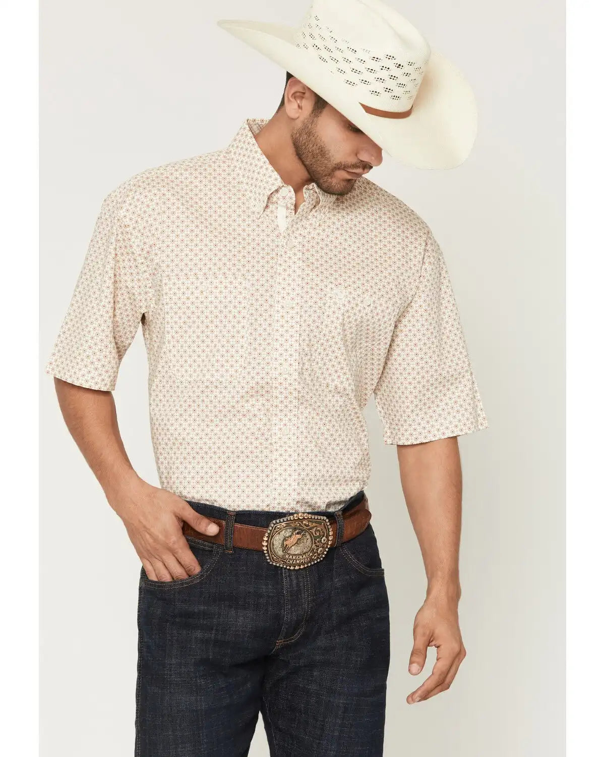 George Strait by Wrangler Men's Geo Print Short Sleeve Button-Down Stretch Western Shirt