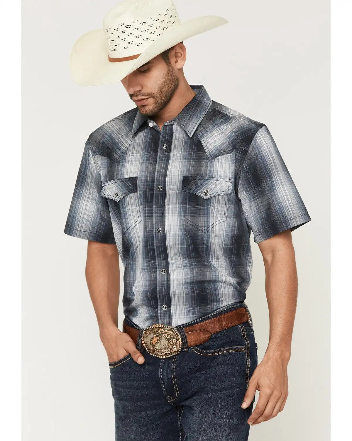 Cody James Men's Weed Wacker Plaid Print Short Sleeve Snap Western Shirt