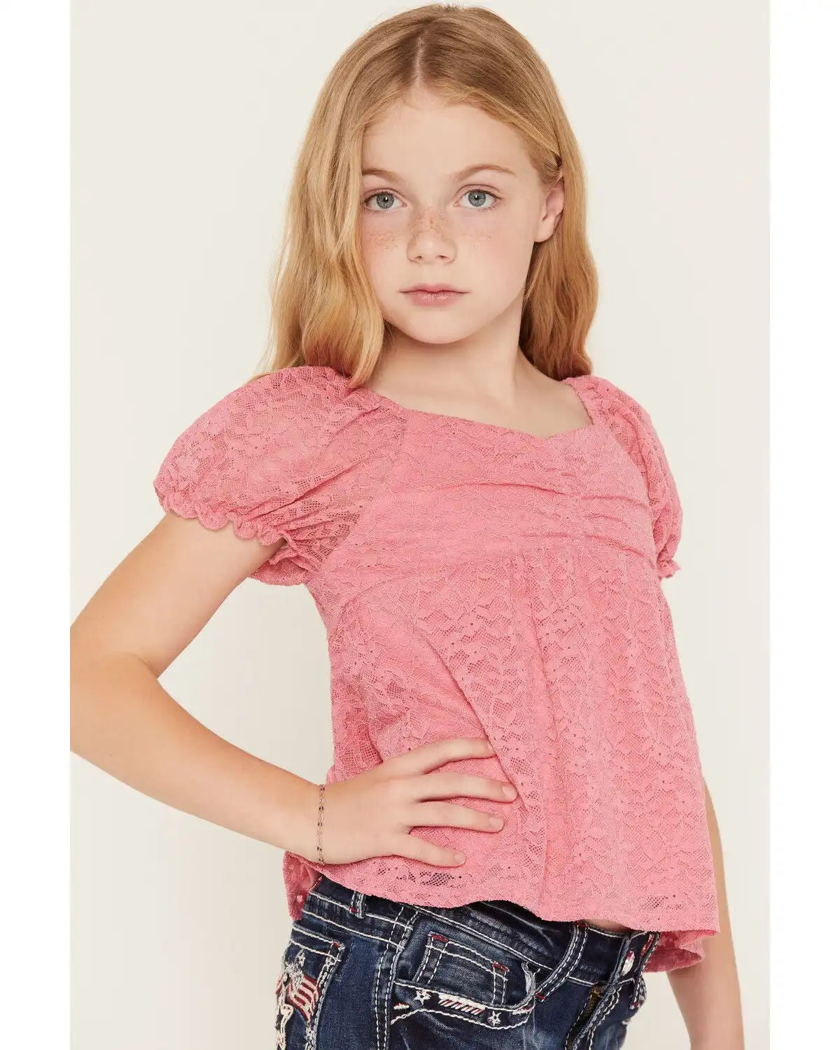 Sugar California Girls' Lace Short Puff Sleeve Shirt