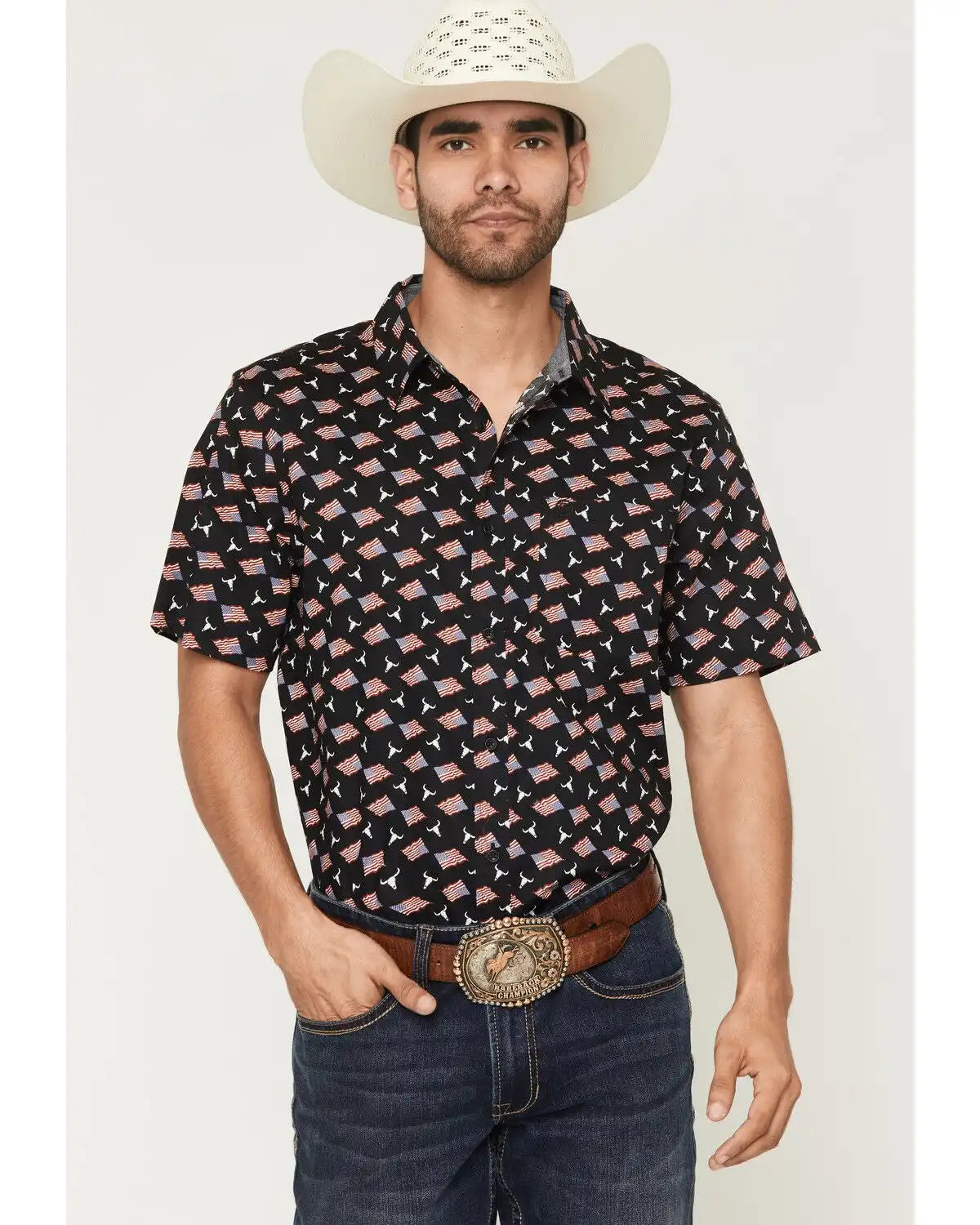 Cody James Men's Stars & Flags Short Sleeve Button-Down Stretch Western Shirt