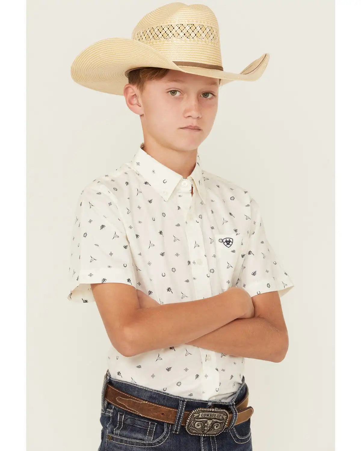Ariat Boys' Conversation Print Short Sleeve Button-Down Western Shirt