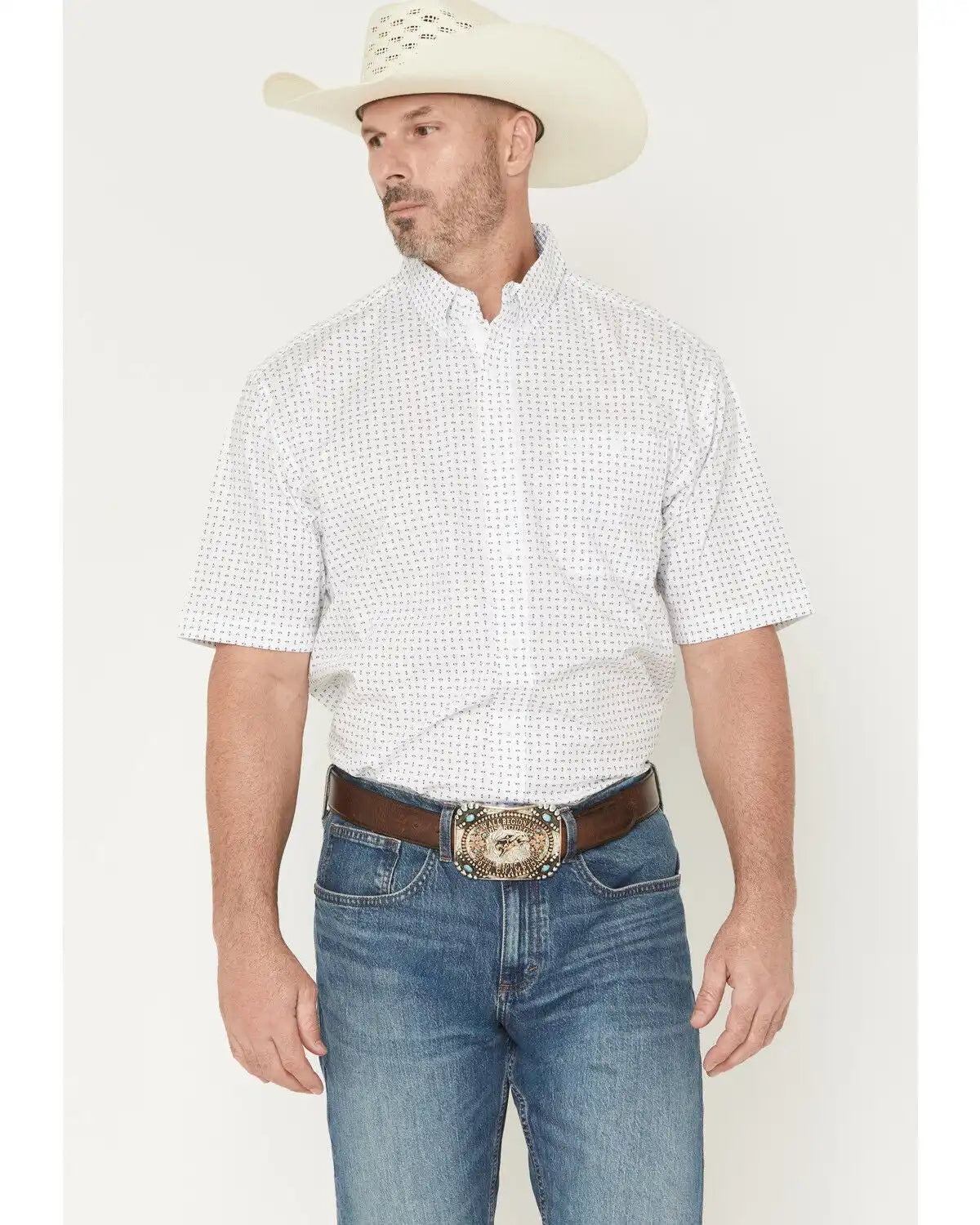 George Strait by Wrangler Men's Geo Print Short Sleeve Button-Down Stretch Western Shirt
