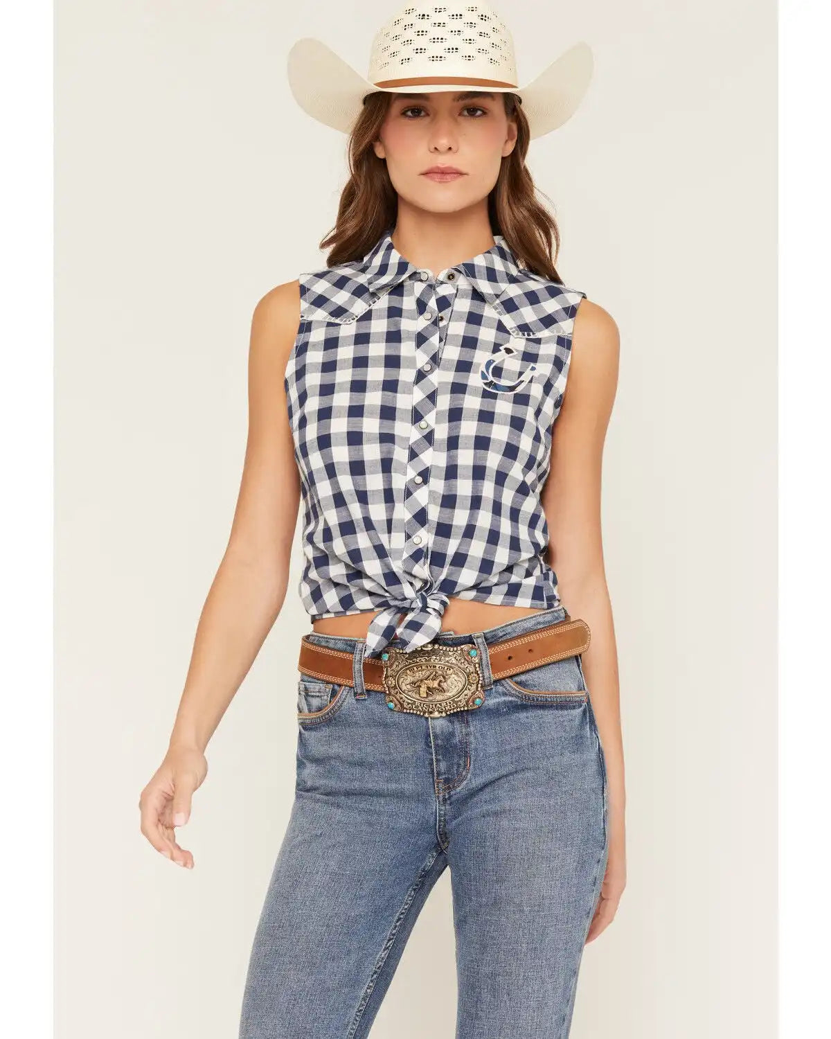 Shyanne Women's Dunes Gingham Sleeveless Snap Tie-Front Western Shirt