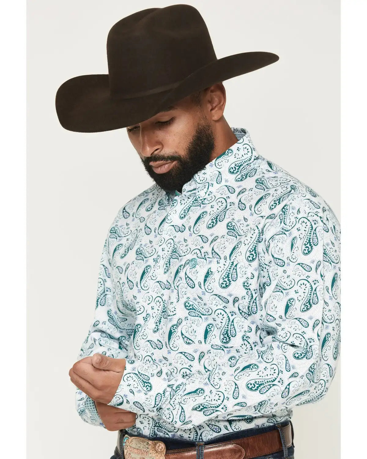 George Strait by Wrangler Men's Paisley Print Long Sleeve Button-Down Stretch Western Shirt