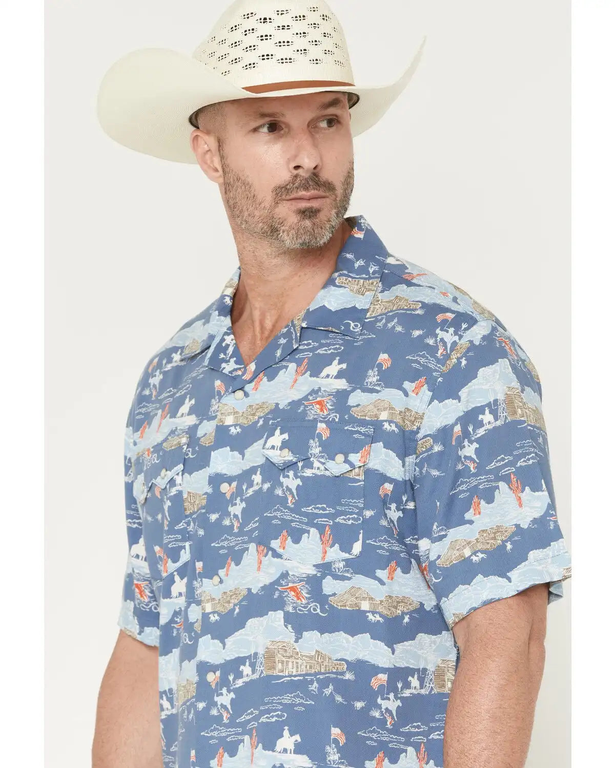 Wrangler Men's Coconut Cowboy Conversation Print Short Sleeve Snap Western Shirt