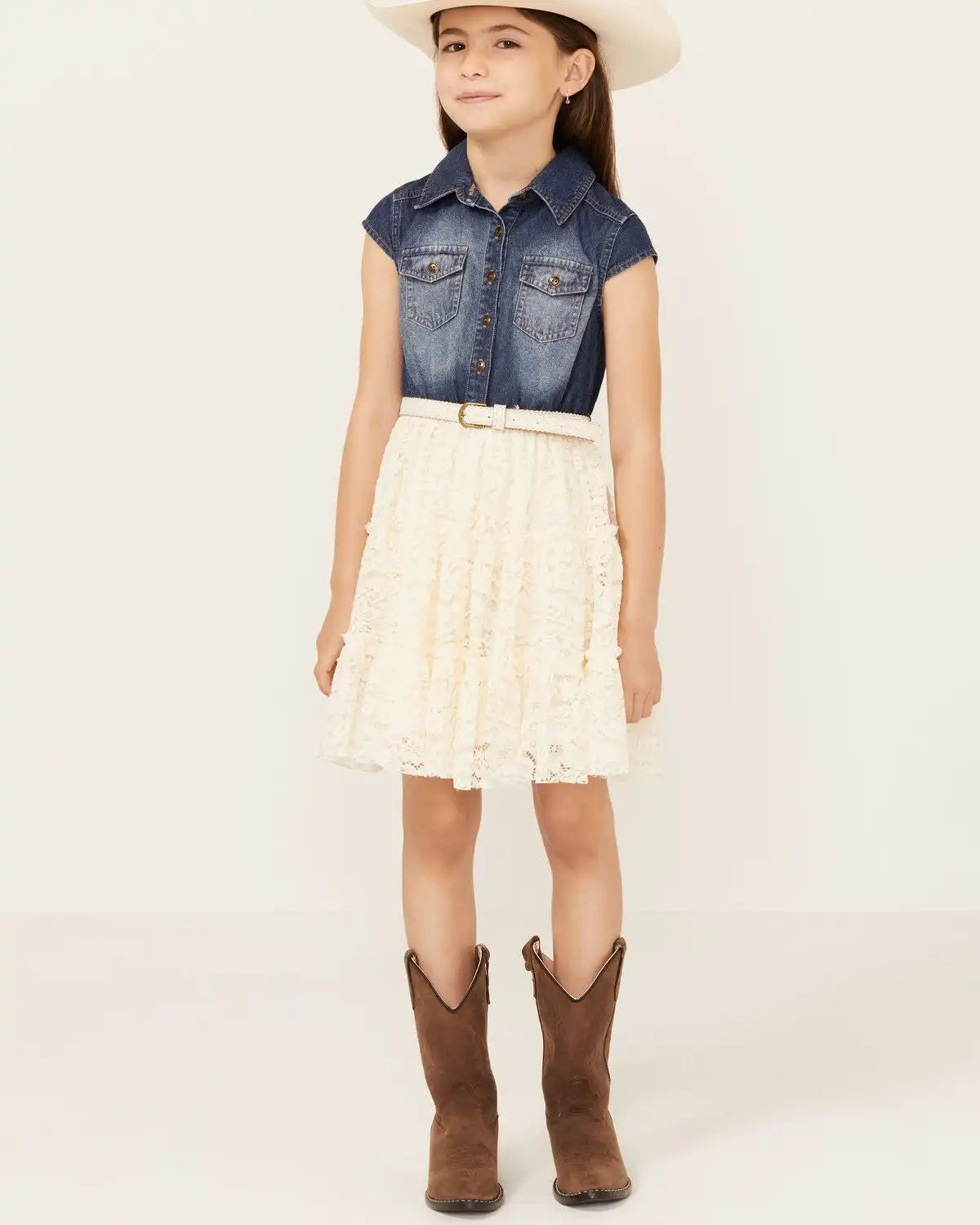 Shyanne Girls' Belted Denim Lace Mini Dress