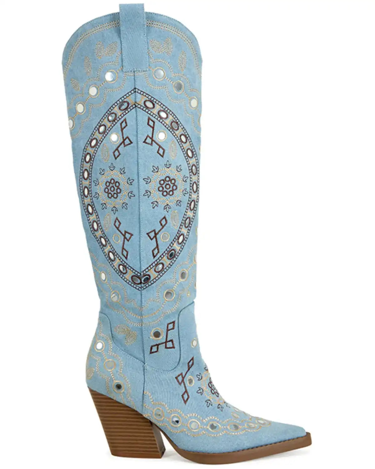 Azalea Wang Women's Aamina Embellished Denim Tall Western Boots - Round Toe
