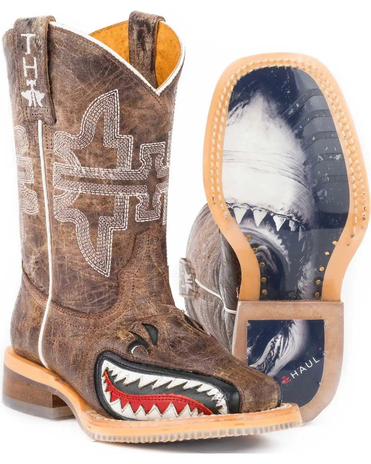 Tin Haul Boys' Tan and Red 8" Leather Western Boots - Square Toe