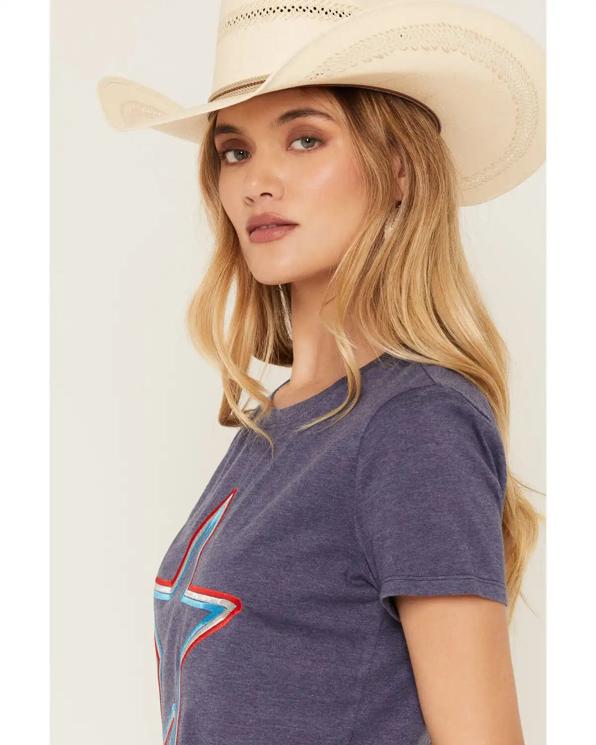 Blended Women's Star Embroidered Short Sleeve Tee