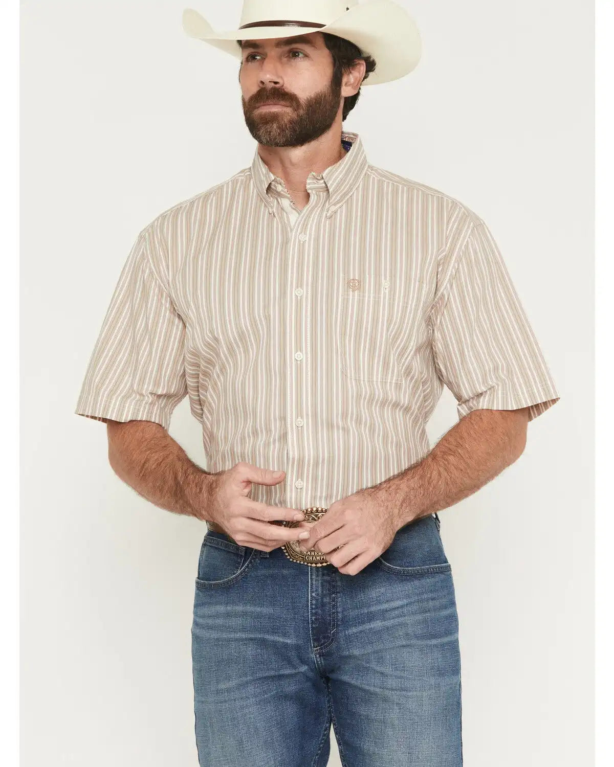 George Strait by Wrangler Men's Striped Short Sleeve Button-Down Stretch Western Shirt